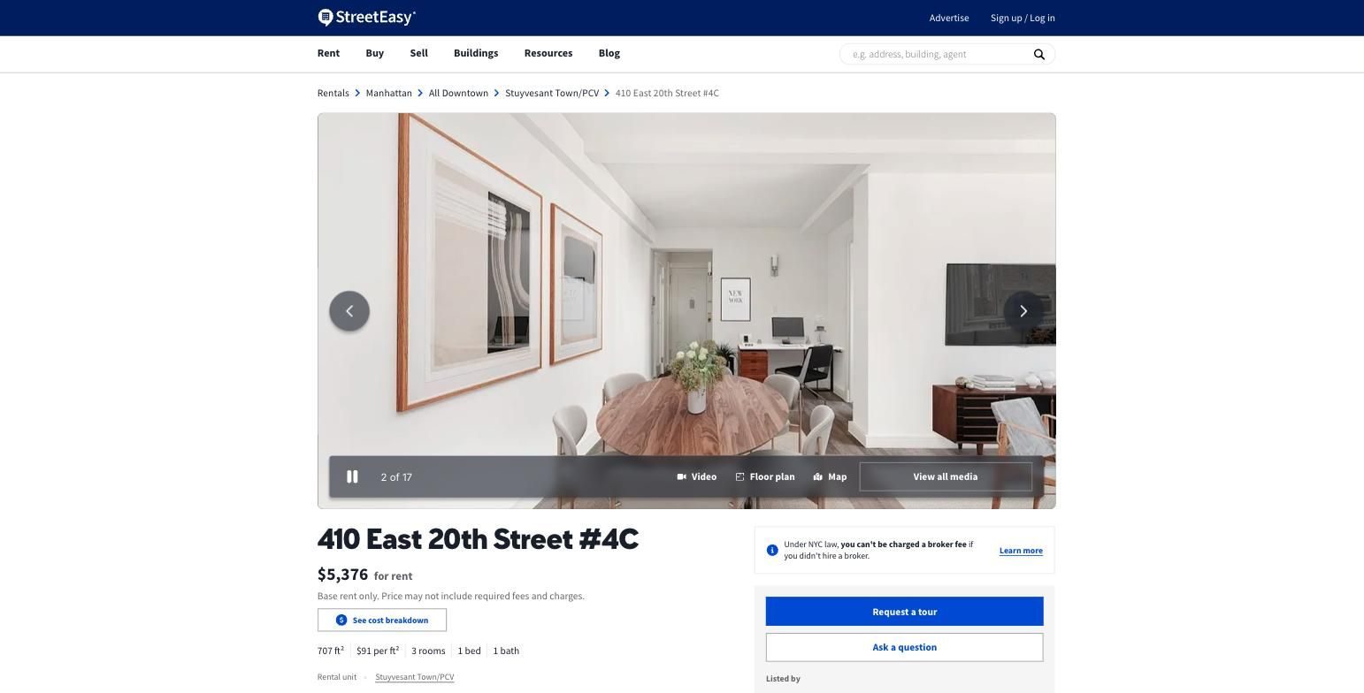 A StreetEasy listing page for 410 East 20th Street #4C